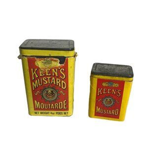 2 Vintage Keens Mustard Tin  2 Oz & 4 Oz Yellow & Red Metal Containers
